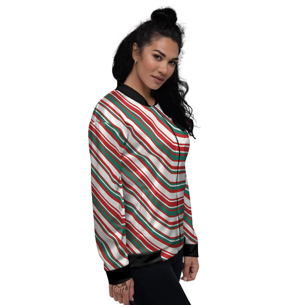 Candy Cane Stripe Christmas Print Women's Bomber Jacket-grizzshop
