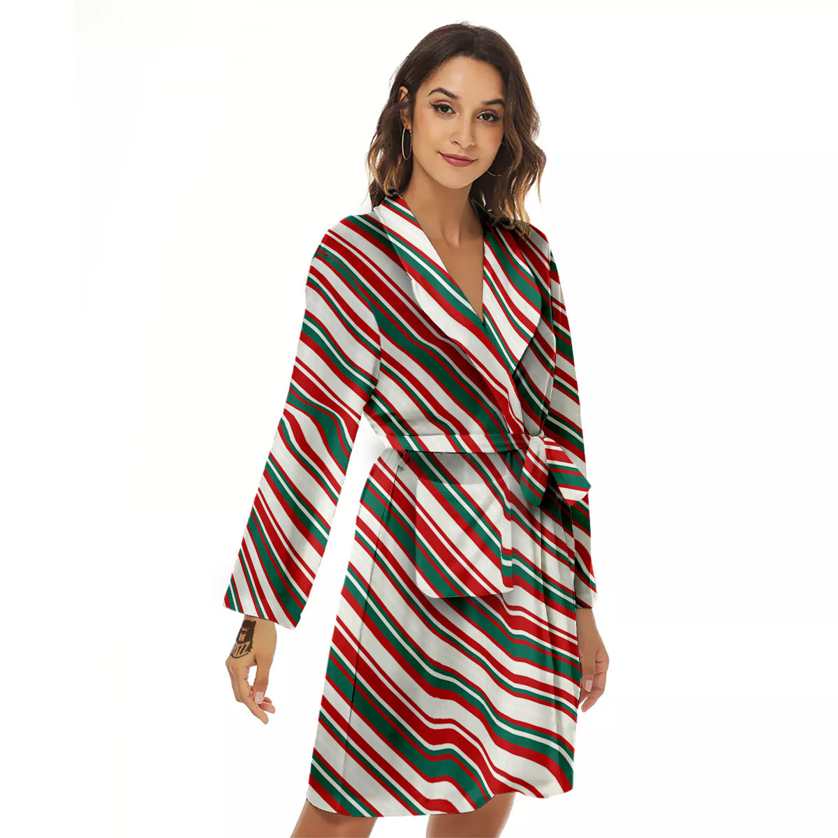 Candy Cane Stripe Christmas Print Women's Robe-grizzshop