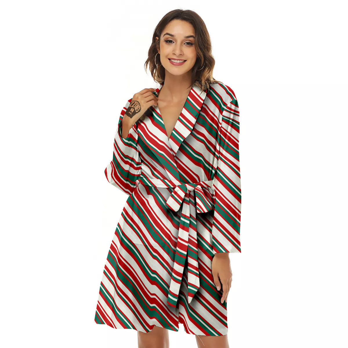 Candy Cane Stripe Christmas Print Women's Robe-grizzshop
