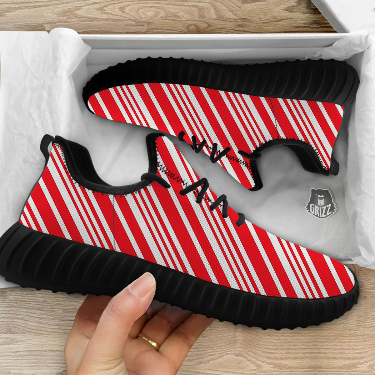 Candy Cane Stripe White And Red Print Black Walking Shoes-grizzshop