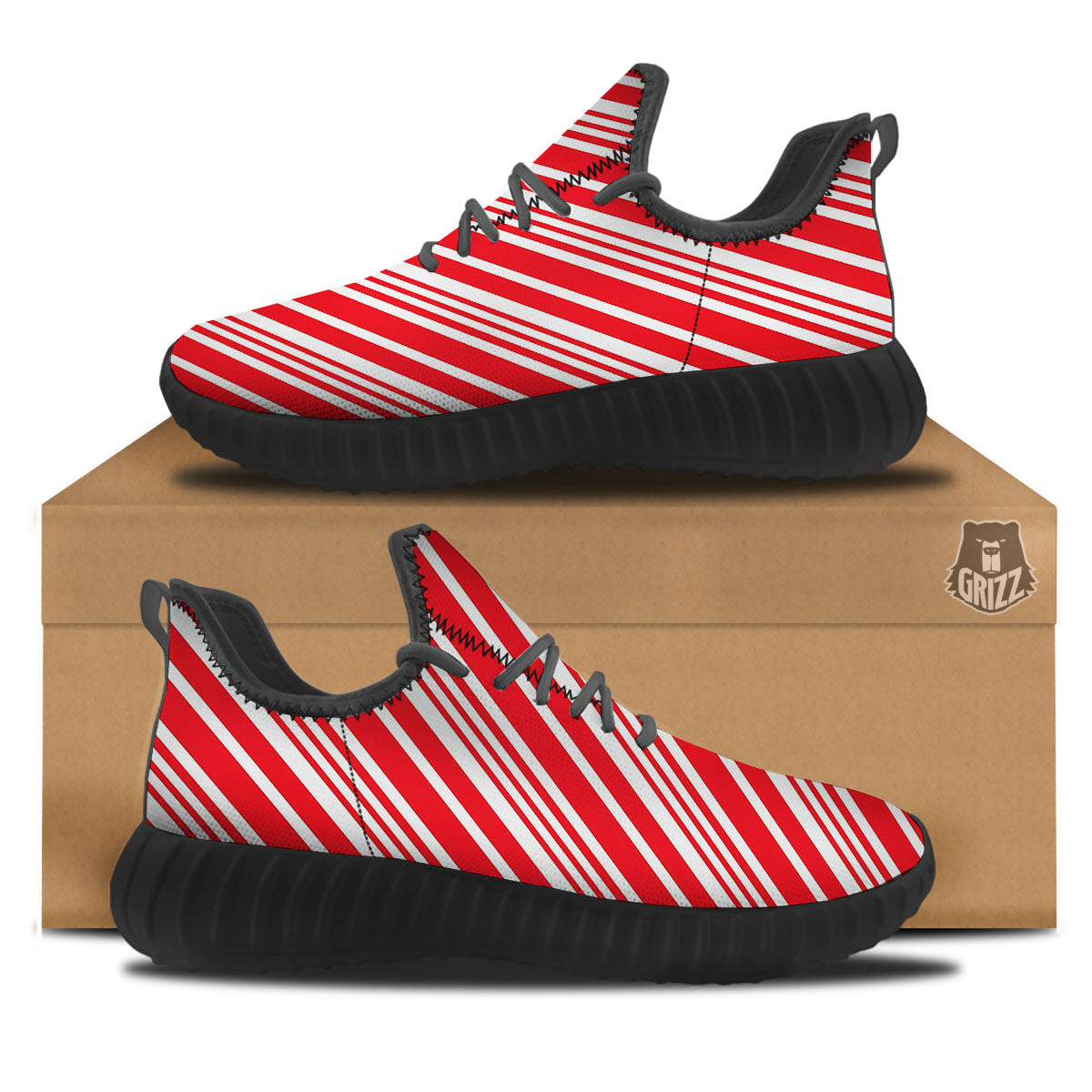 Candy Cane Stripe White And Red Print Black Walking Shoes-grizzshop