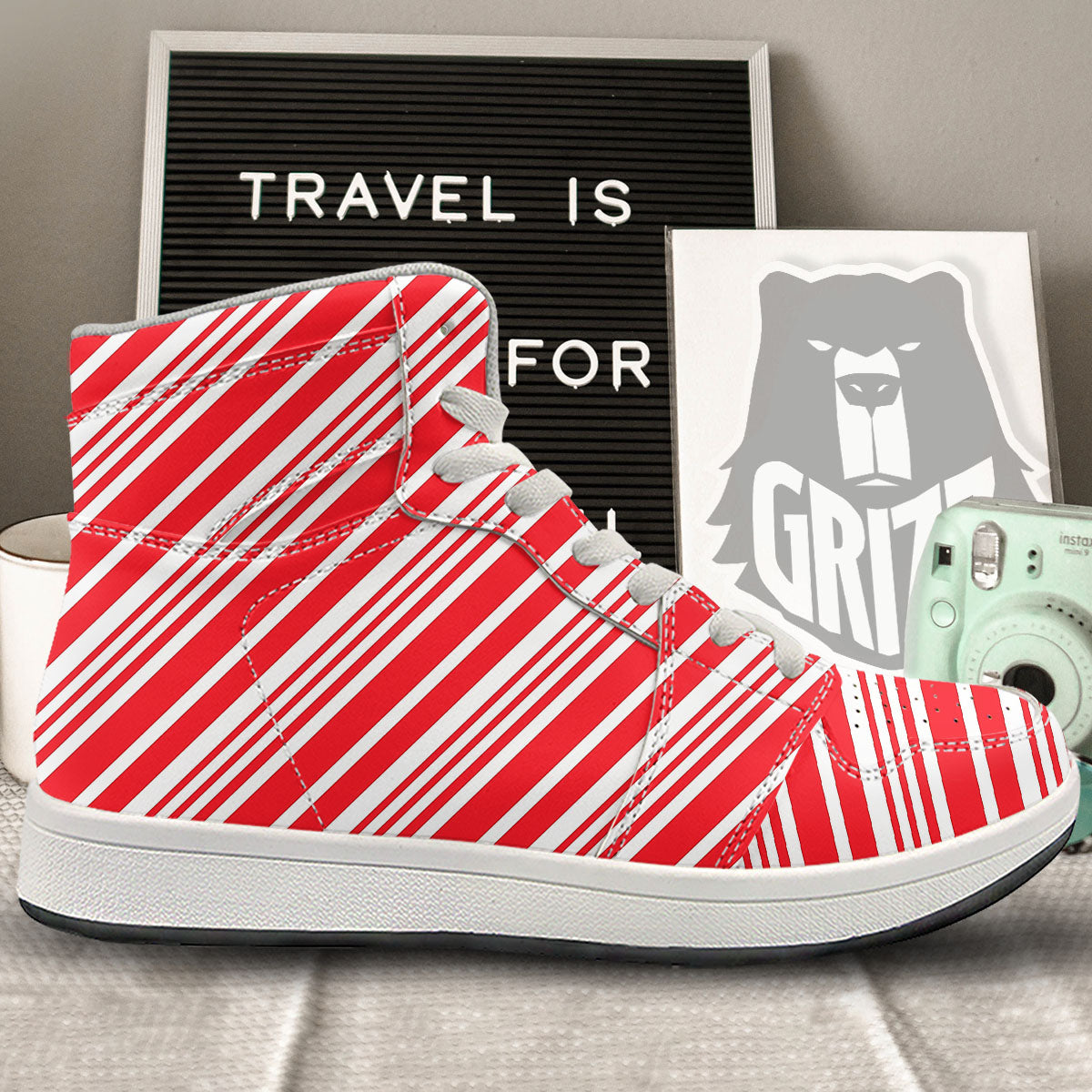 Candy Cane Stripe White And Red Print High Top Sneakers-grizzshop