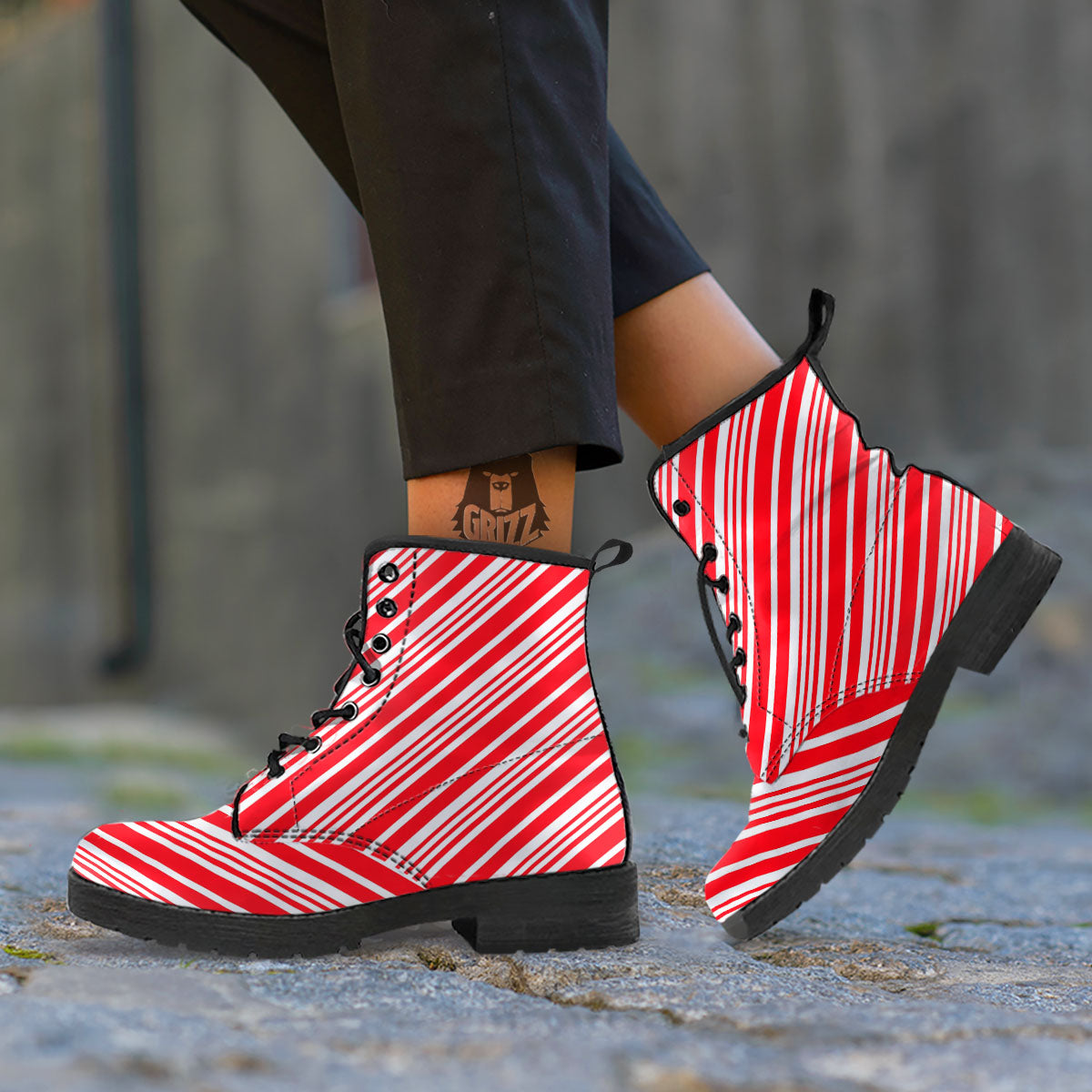 Candy Cane Stripe White And Red Print Leather Boots-grizzshop