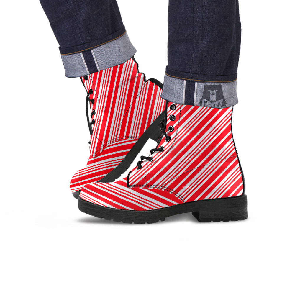 Candy Cane Stripe White And Red Print Leather Boots-grizzshop