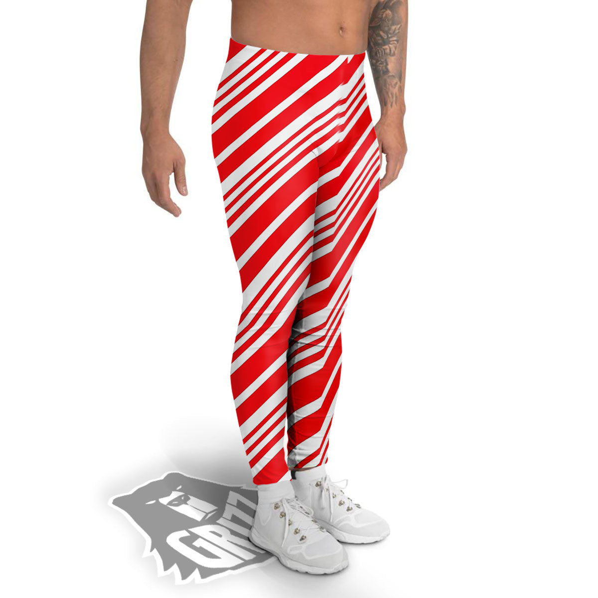 Candy Cane Stripe White And Red Print Men's Leggings-grizzshop