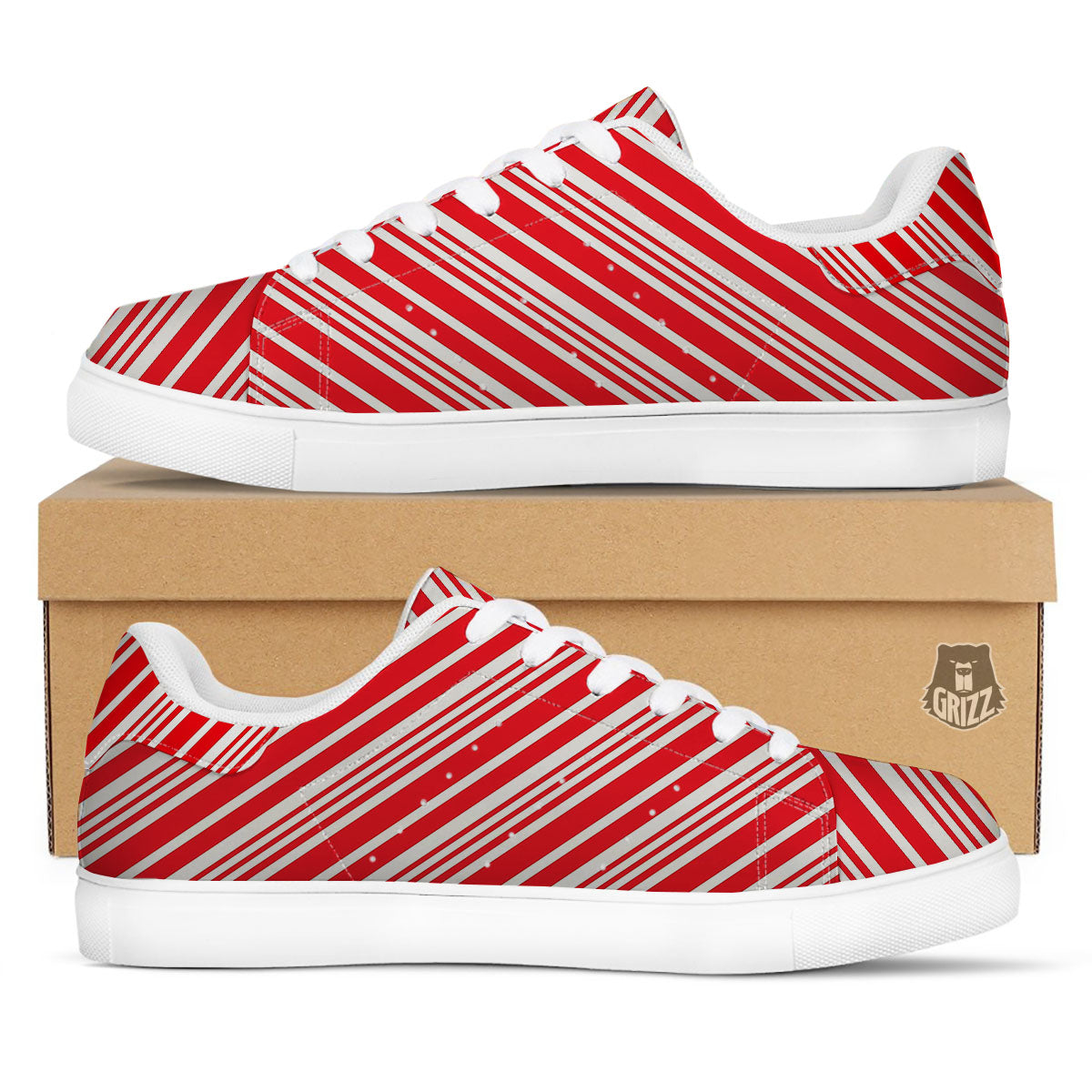 Candy Cane Stripe White And Red Print White Low Top Sneakers-grizzshop