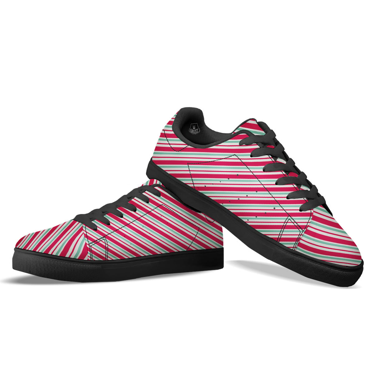 Candy Cane Striped Christmas Print Black Low Top Sneakers-grizzshop