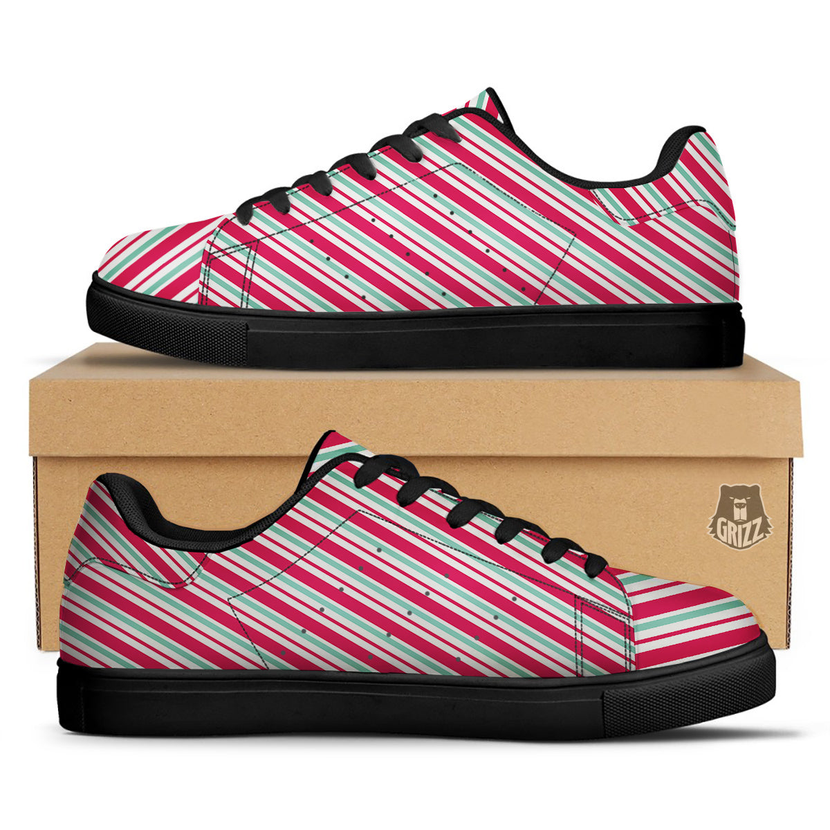 Candy Cane Striped Christmas Print Black Low Top Sneakers-grizzshop