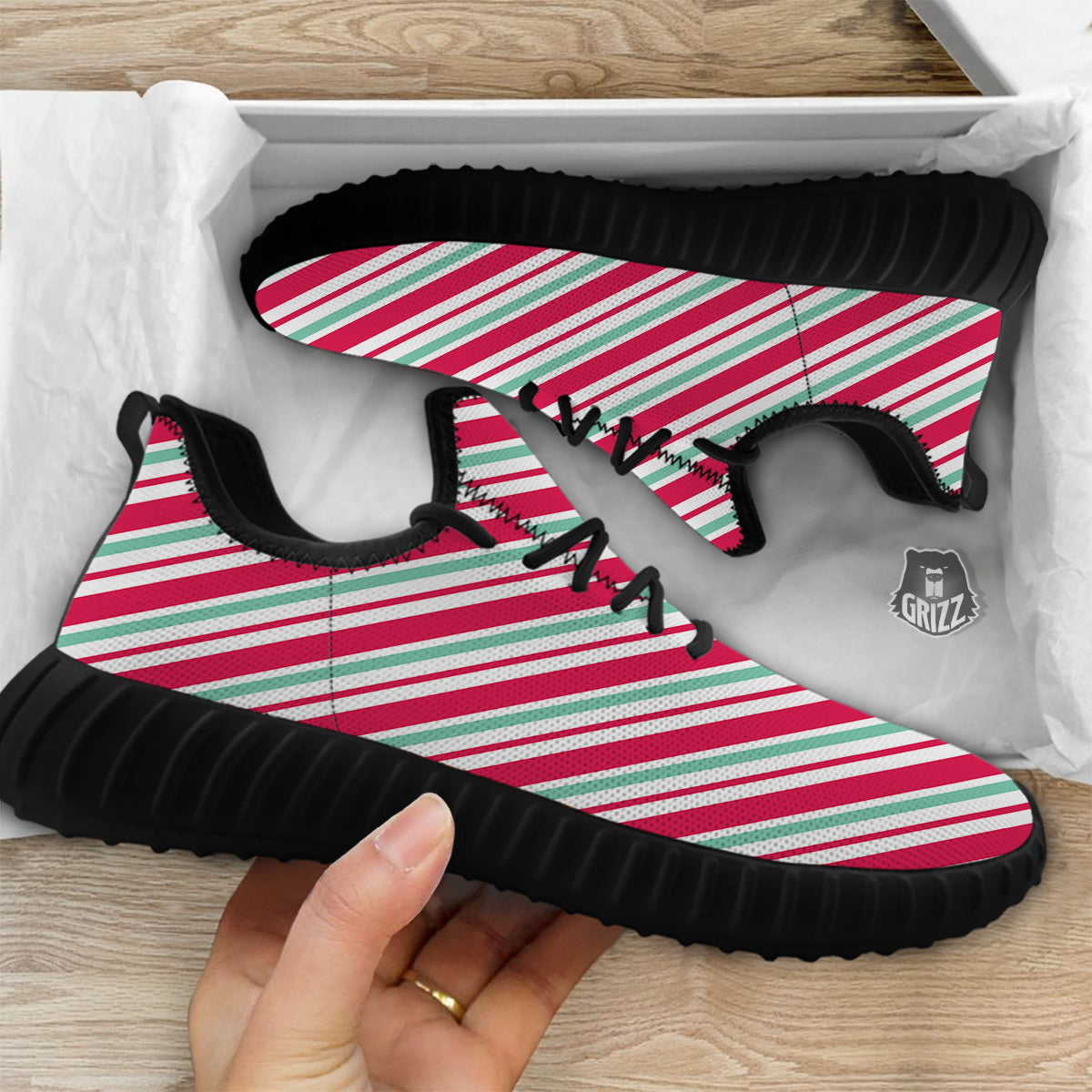 Candy Cane Striped Christmas Print Black Walking Shoes-grizzshop