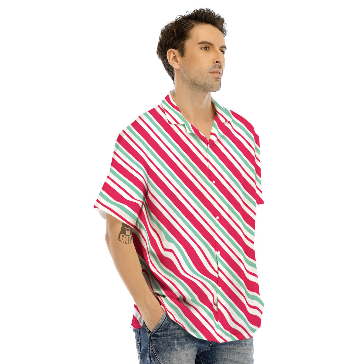 Candy Cane Striped Christmas Print Men's Hawaiian Shirt-grizzshop