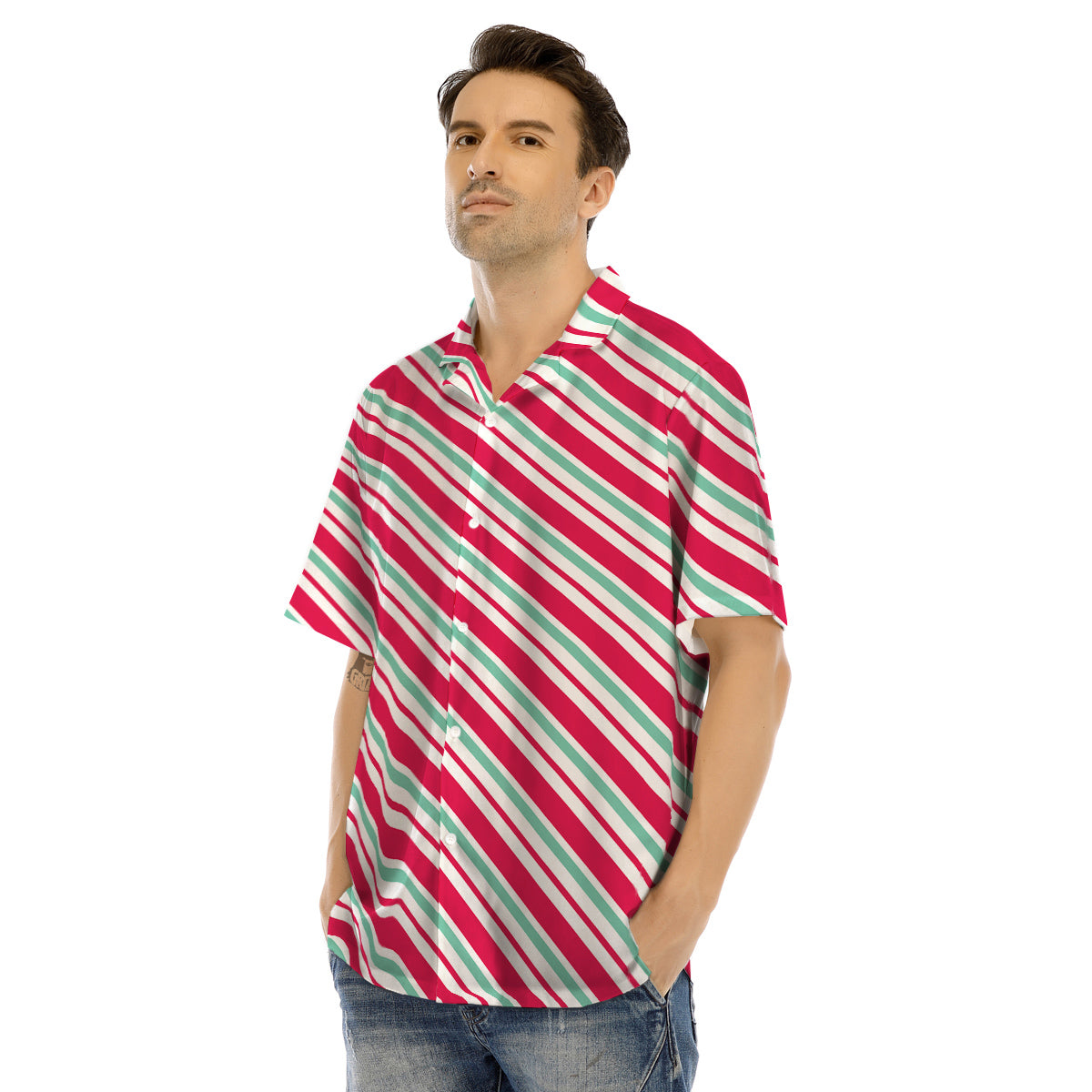 Candy Cane Striped Christmas Print Men's Hawaiian Shirt-grizzshop