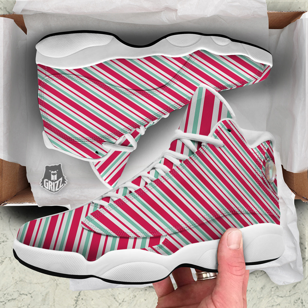 Candy Cane Striped Christmas Print White Basketball Shoes-grizzshop