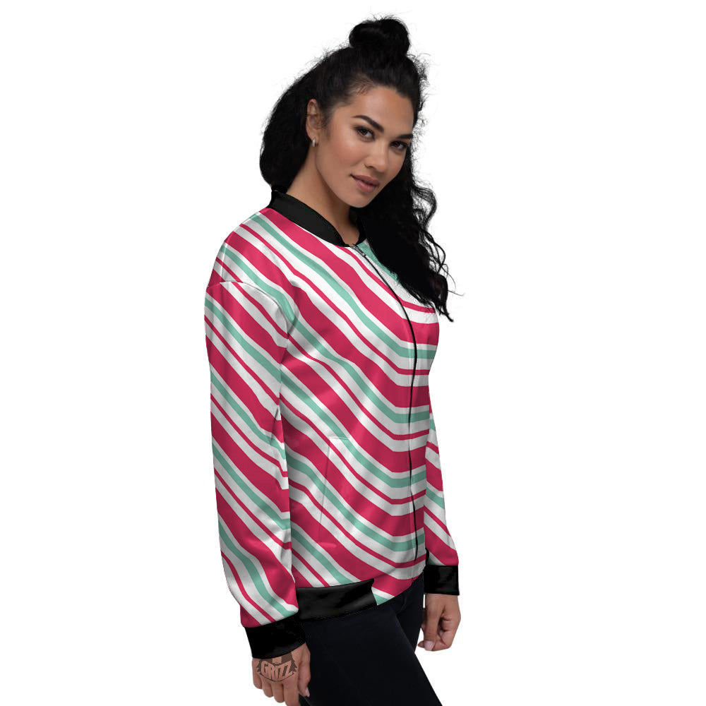 Candy Cane Striped Christmas Print Women's Bomber Jacket-grizzshop