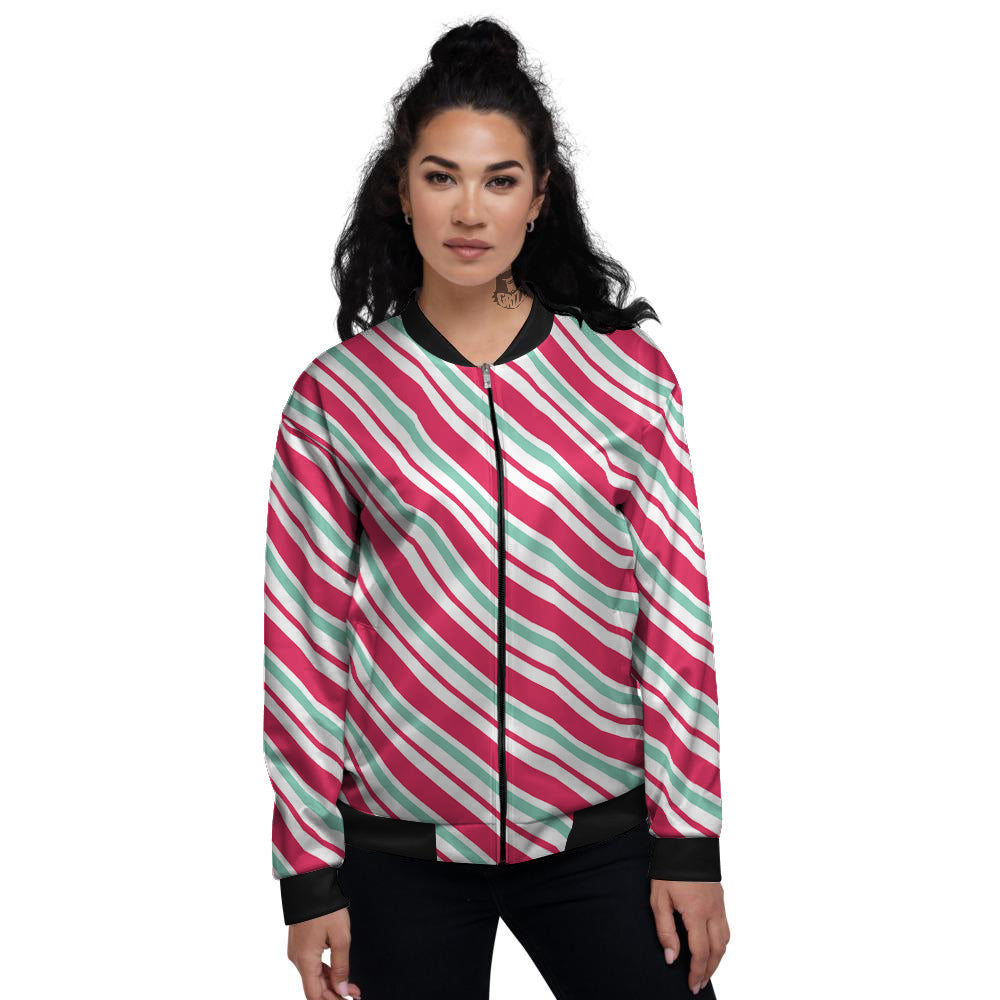 Candy Cane Striped Christmas Print Women's Bomber Jacket-grizzshop