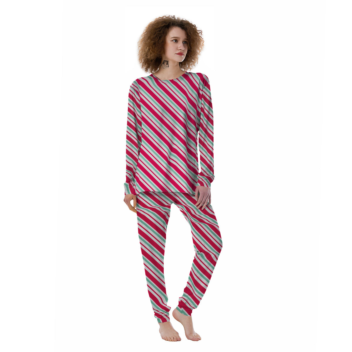 Candy Cane Striped Christmas Print Women's Pajamas-grizzshop