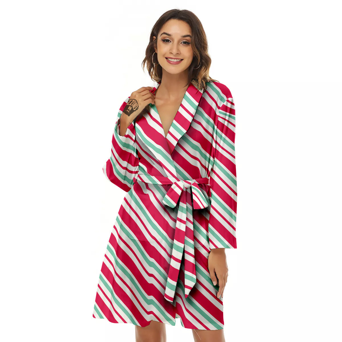 Candy Cane Striped Christmas Print Women's Robe-grizzshop