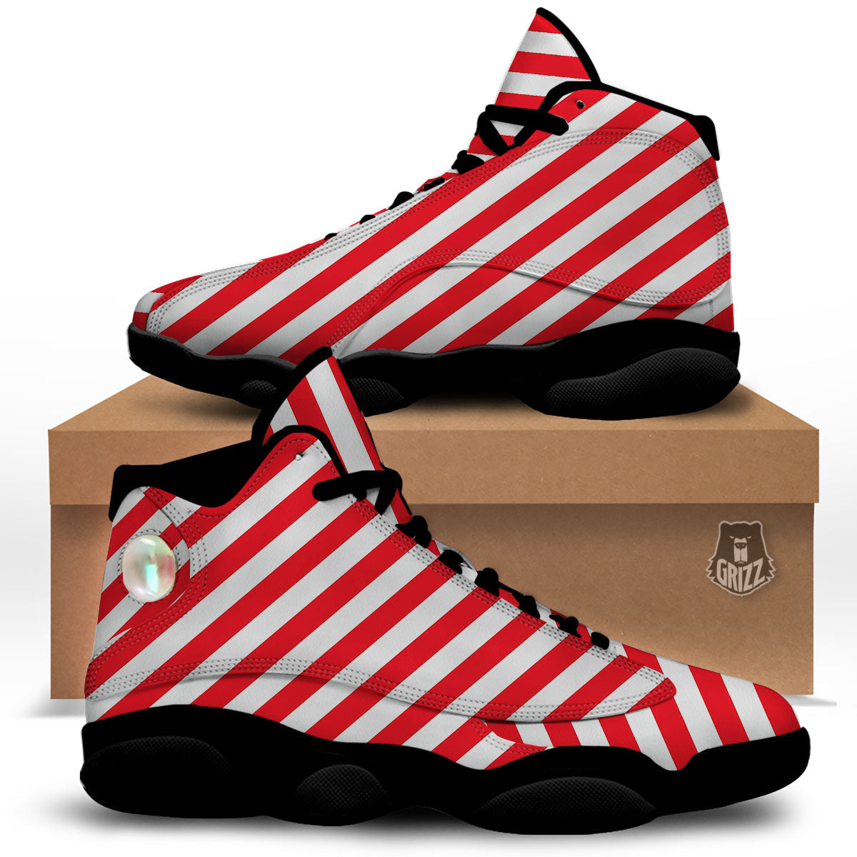 Candy Cane Striped White And Red Print Black Basketball Shoes-grizzshop
