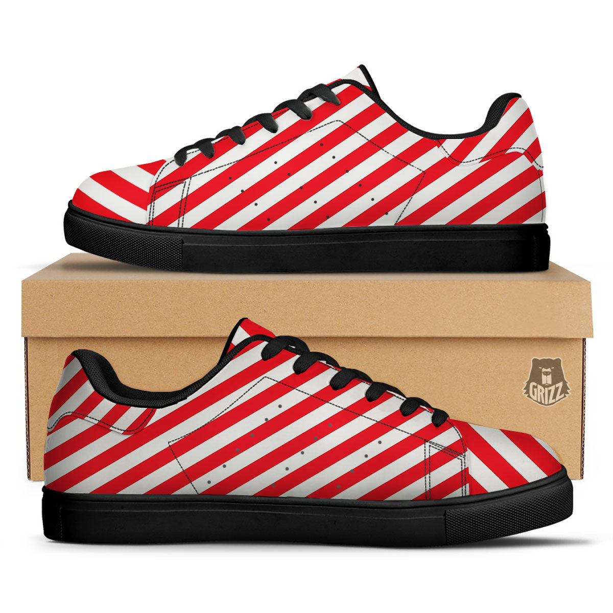 Candy Cane Striped White And Red Print Black Low Top Sneakers-grizzshop