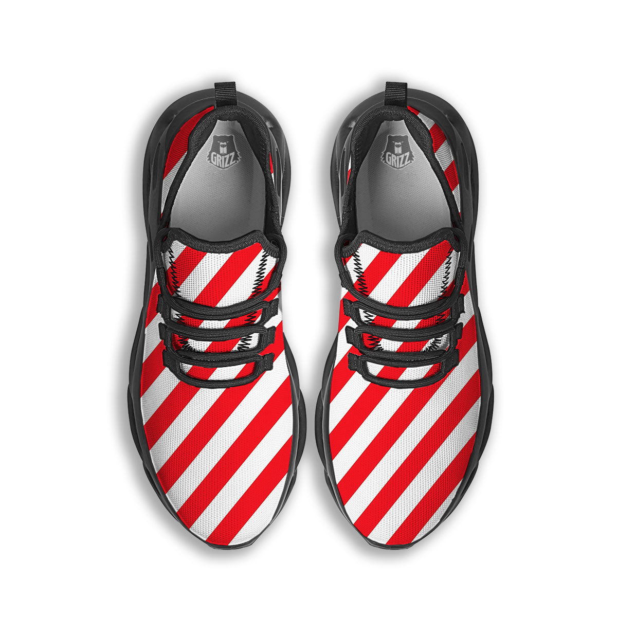 Candy Cane Striped White And Red Print Black Running Shoes-grizzshop