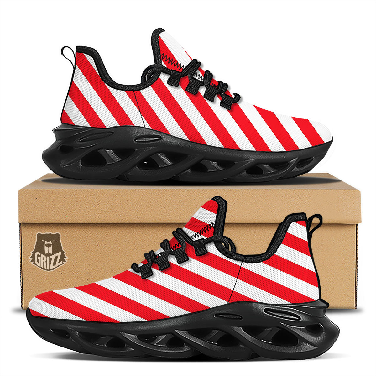 Candy Cane Striped White And Red Print Black Running Shoes-grizzshop