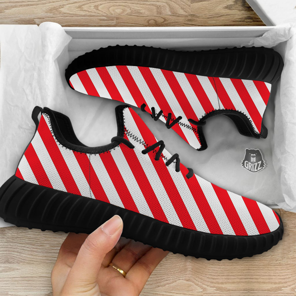 Candy Cane Striped White And Red Print Black Walking Shoes-grizzshop