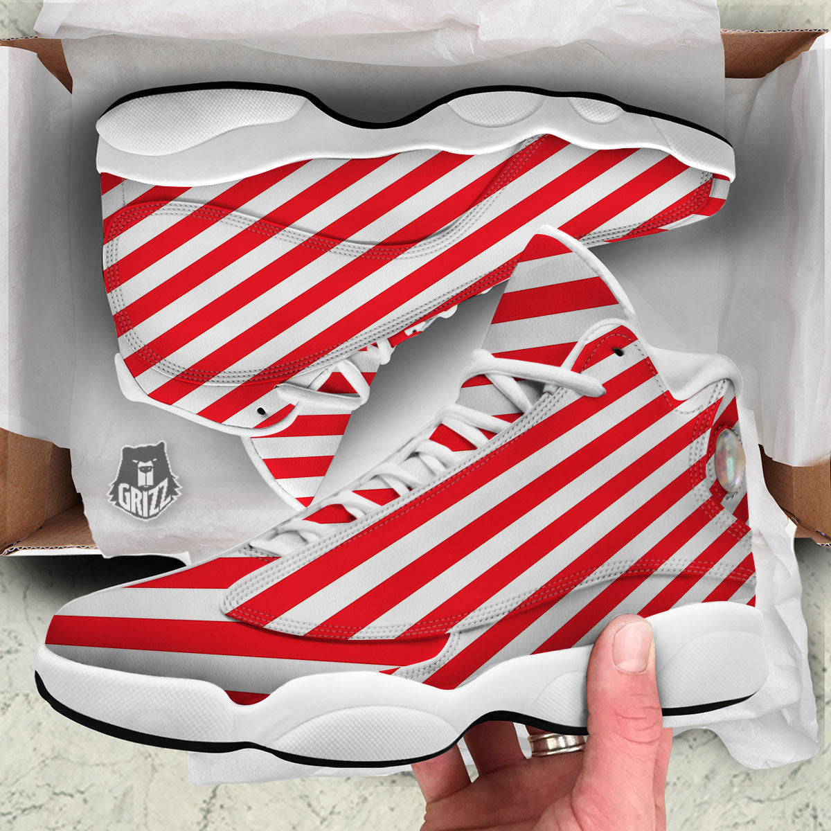 Candy Cane Striped White And Red Print White Basketball Shoes-grizzshop