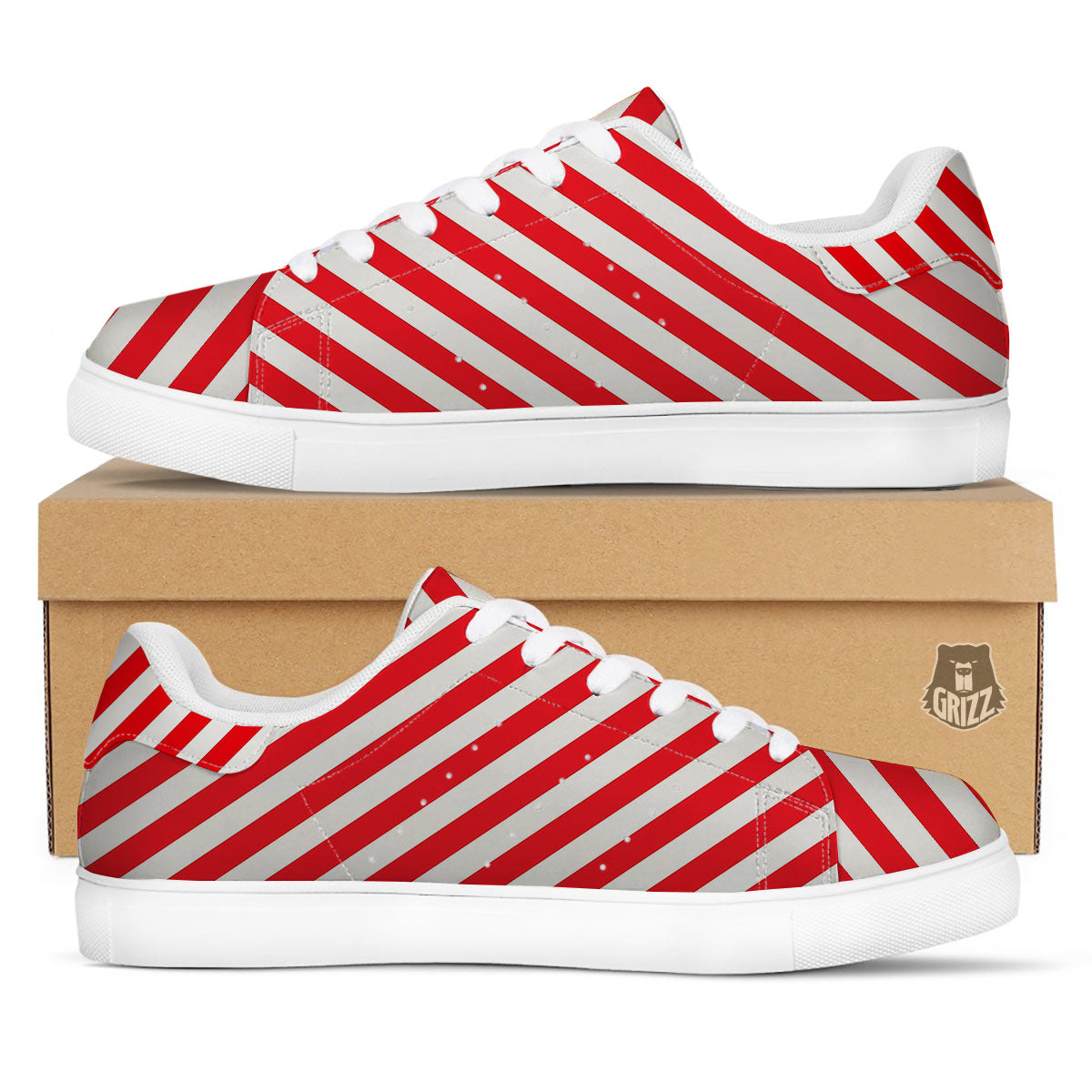 Candy Cane Striped White And Red Print White Low Top Sneakers-grizzshop