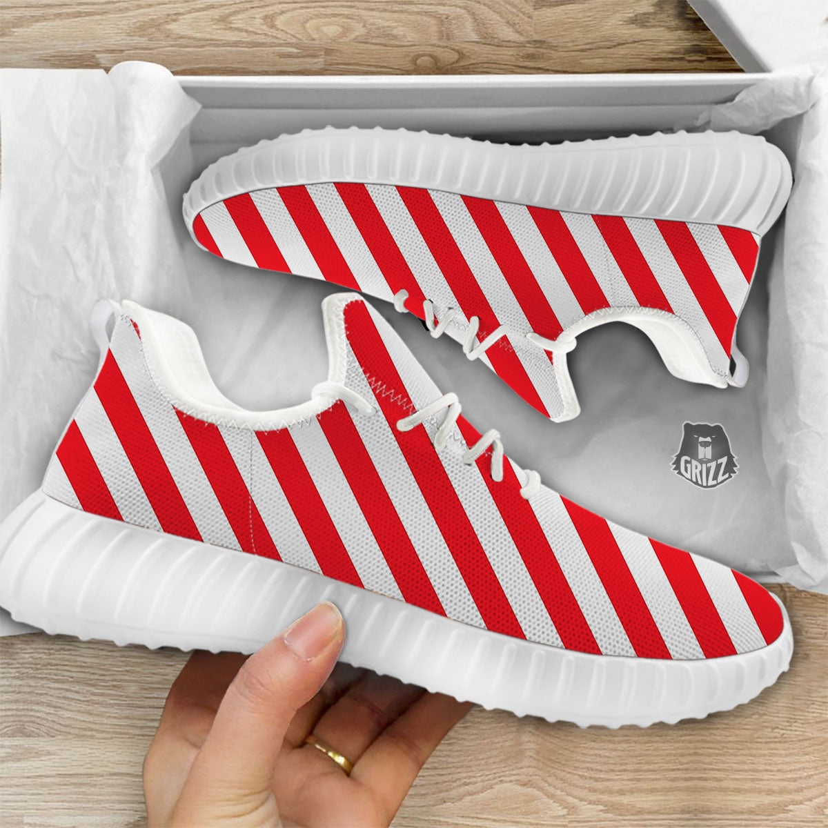 Candy Cane Striped White And Red Print White Walking Shoes-grizzshop