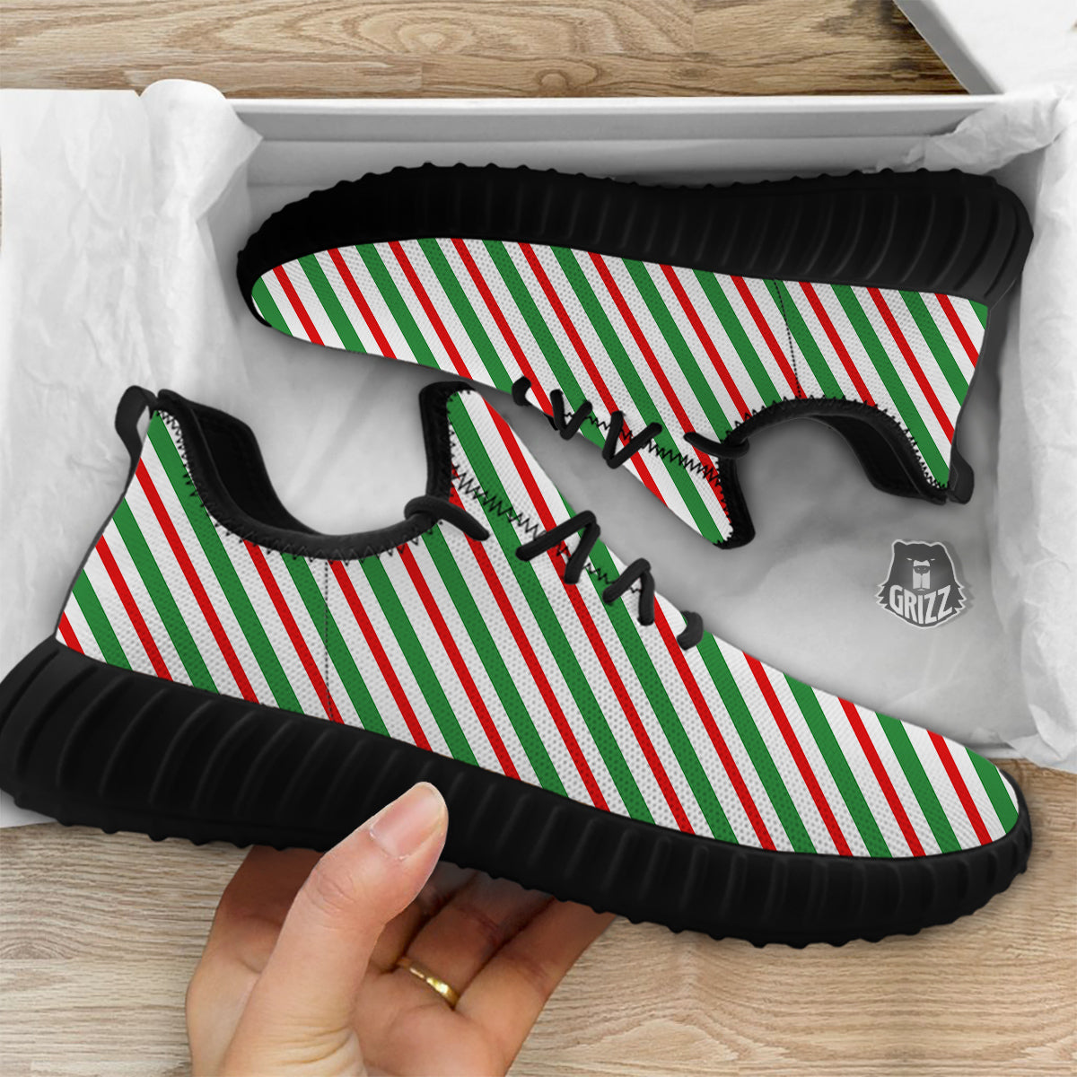 Candy Cane Stripes Christmas Print Black Walking Shoes-grizzshop