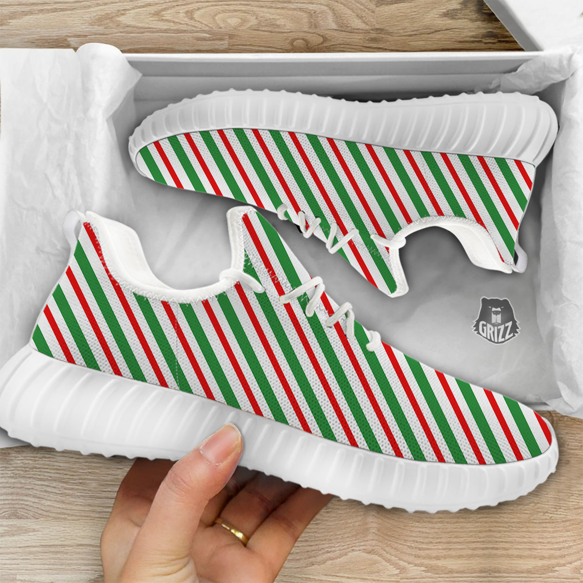 Candy Cane Stripes Christmas Print White Walking Shoes-grizzshop