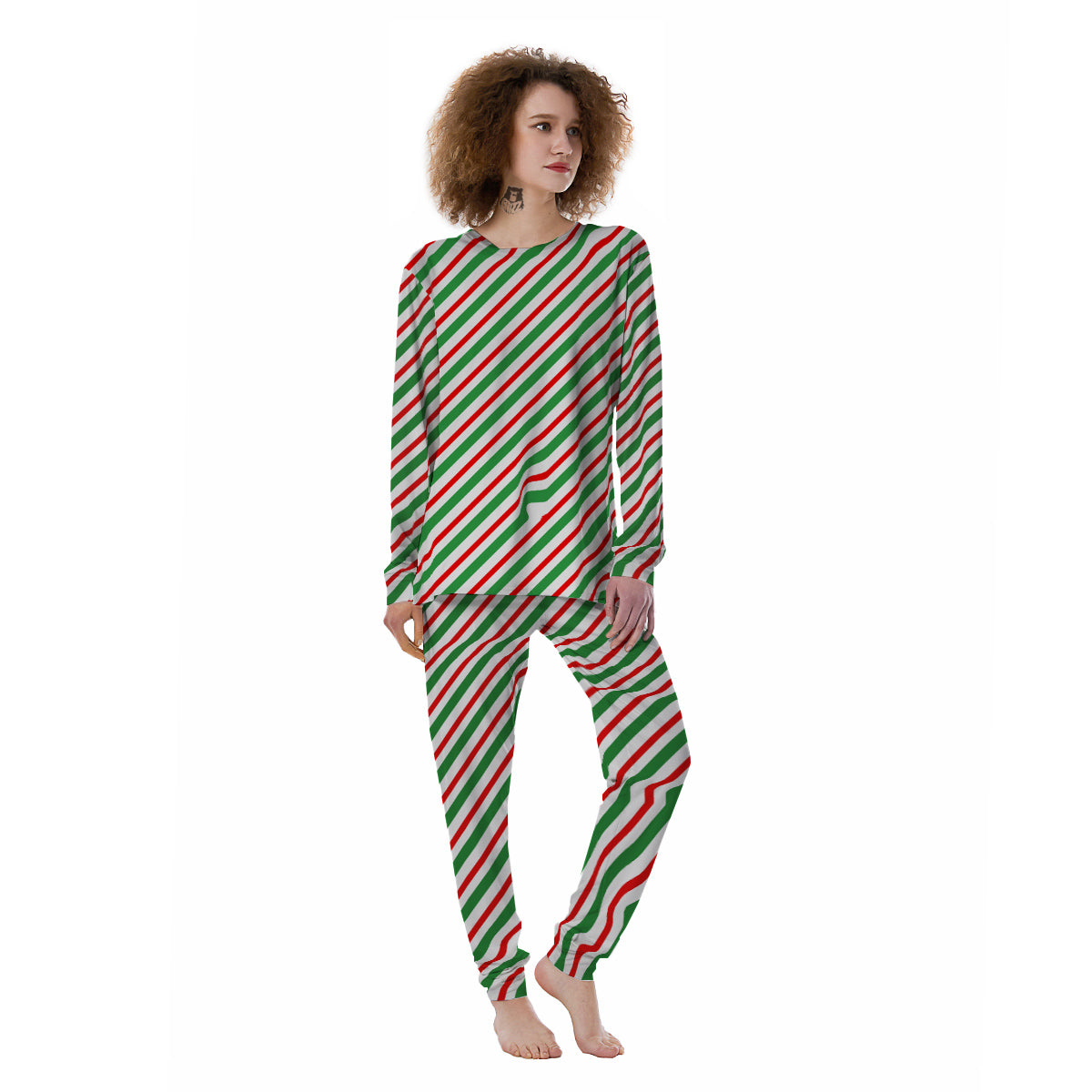 Candy Cane Stripes Christmas Print Women's Pajamas-grizzshop