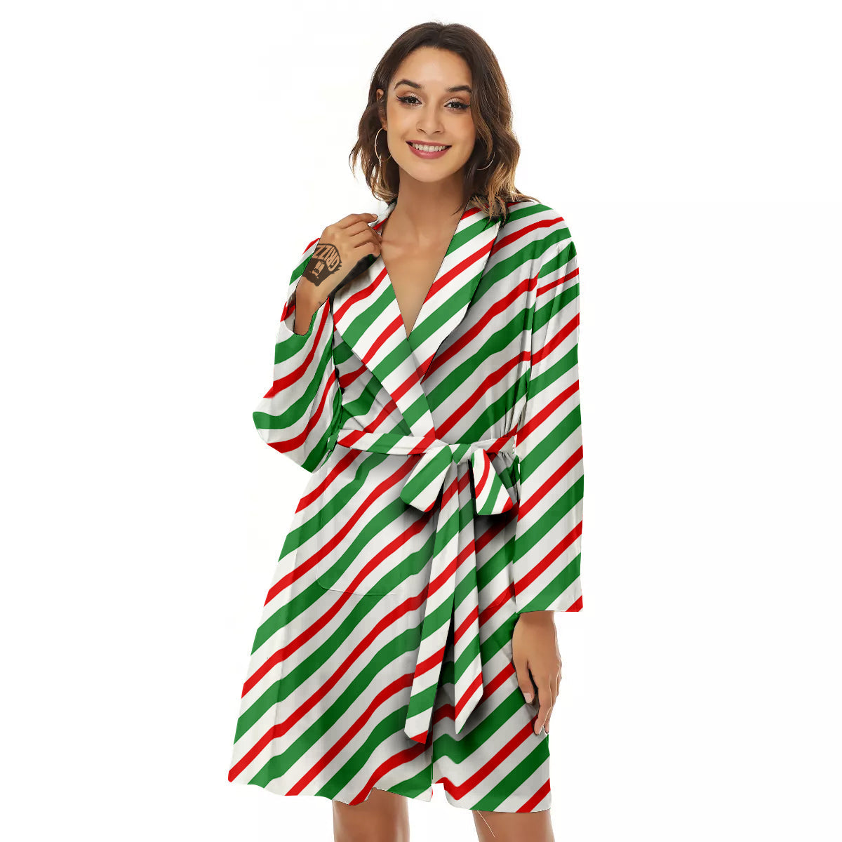 Candy Cane Stripes Christmas Print Women's Robe-grizzshop