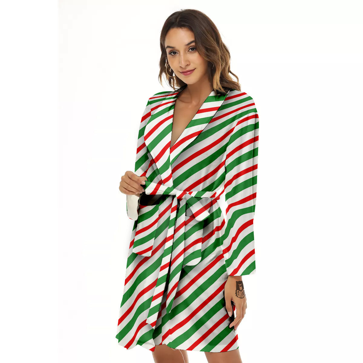 Candy Cane Stripes Christmas Print Women's Robe-grizzshop
