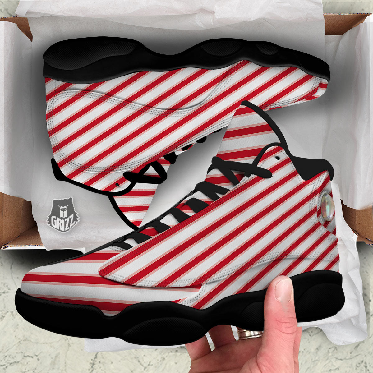 Candy Cane Stripes White And Red Print Black Basketball Shoes-grizzshop