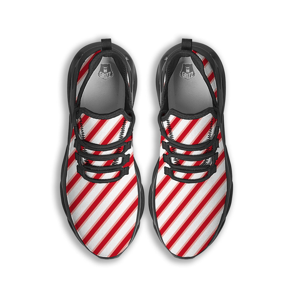 Candy Cane Stripes White And Red Print Black Running Shoes-grizzshop