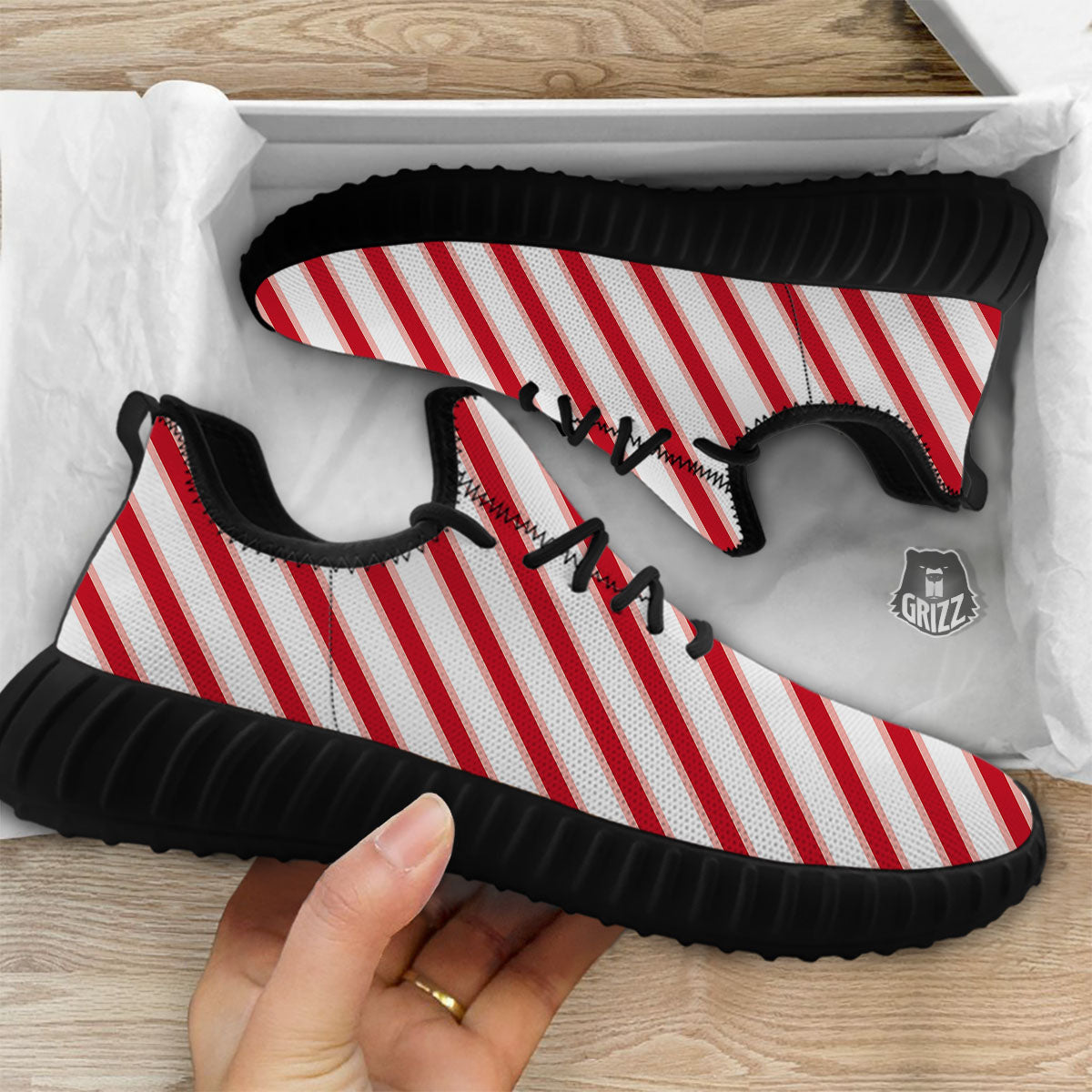Candy Cane Stripes White And Red Print Black Walking Shoes-grizzshop