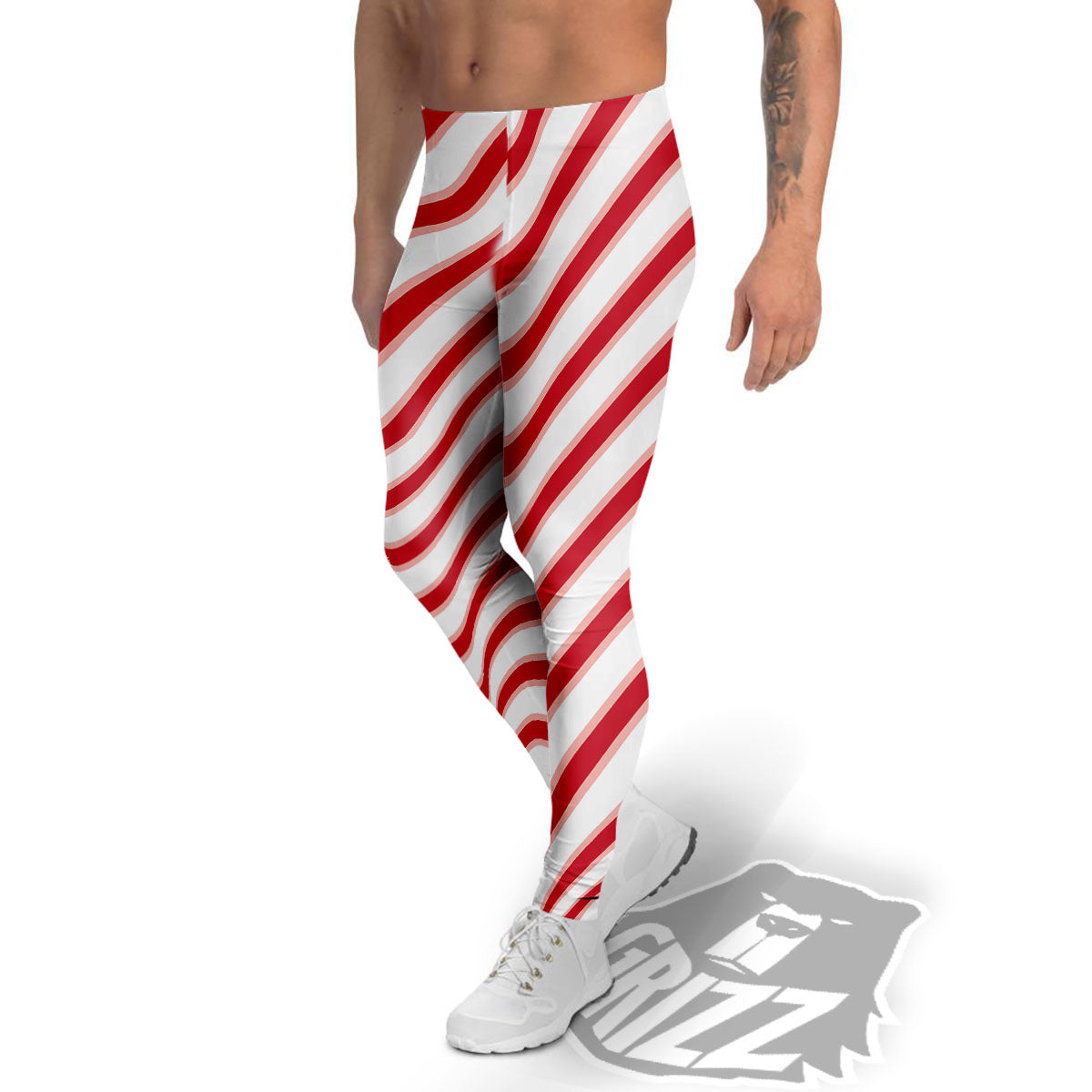 Candy Cane Stripes White And Red Print Men's Leggings-grizzshop