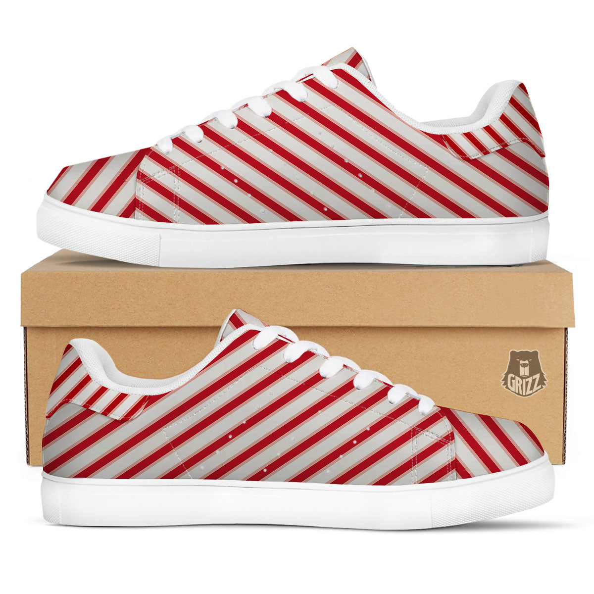 Candy Cane Stripes White And Red Print White Low Top Sneakers-grizzshop