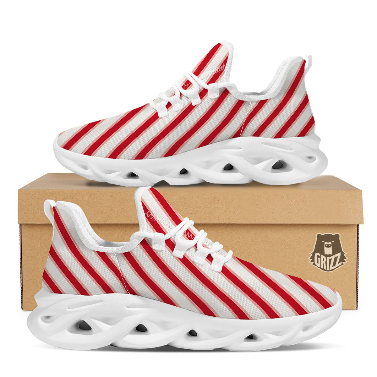 Candy Cane Stripes White And Red Print White Running Shoes-grizzshop