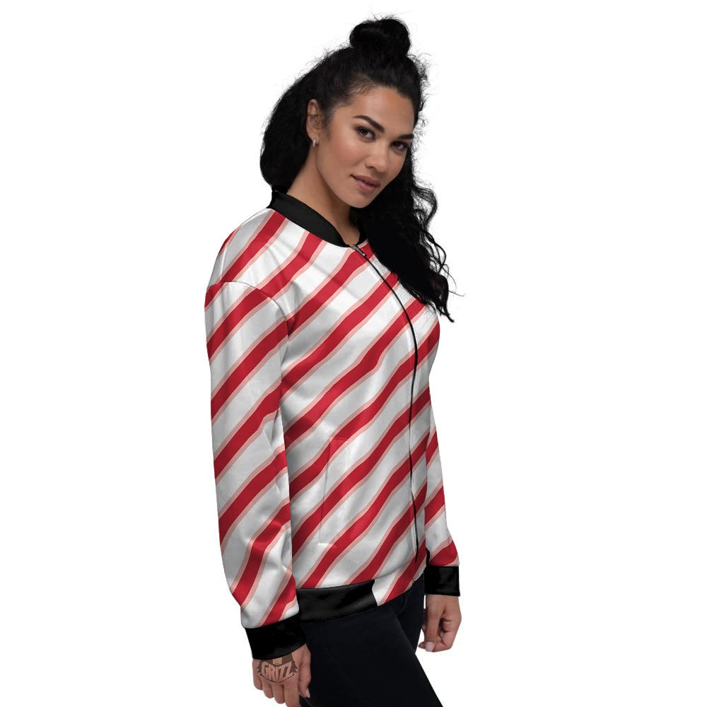 Candy Cane Stripes White And Red Print Women's Bomber Jacket-grizzshop
