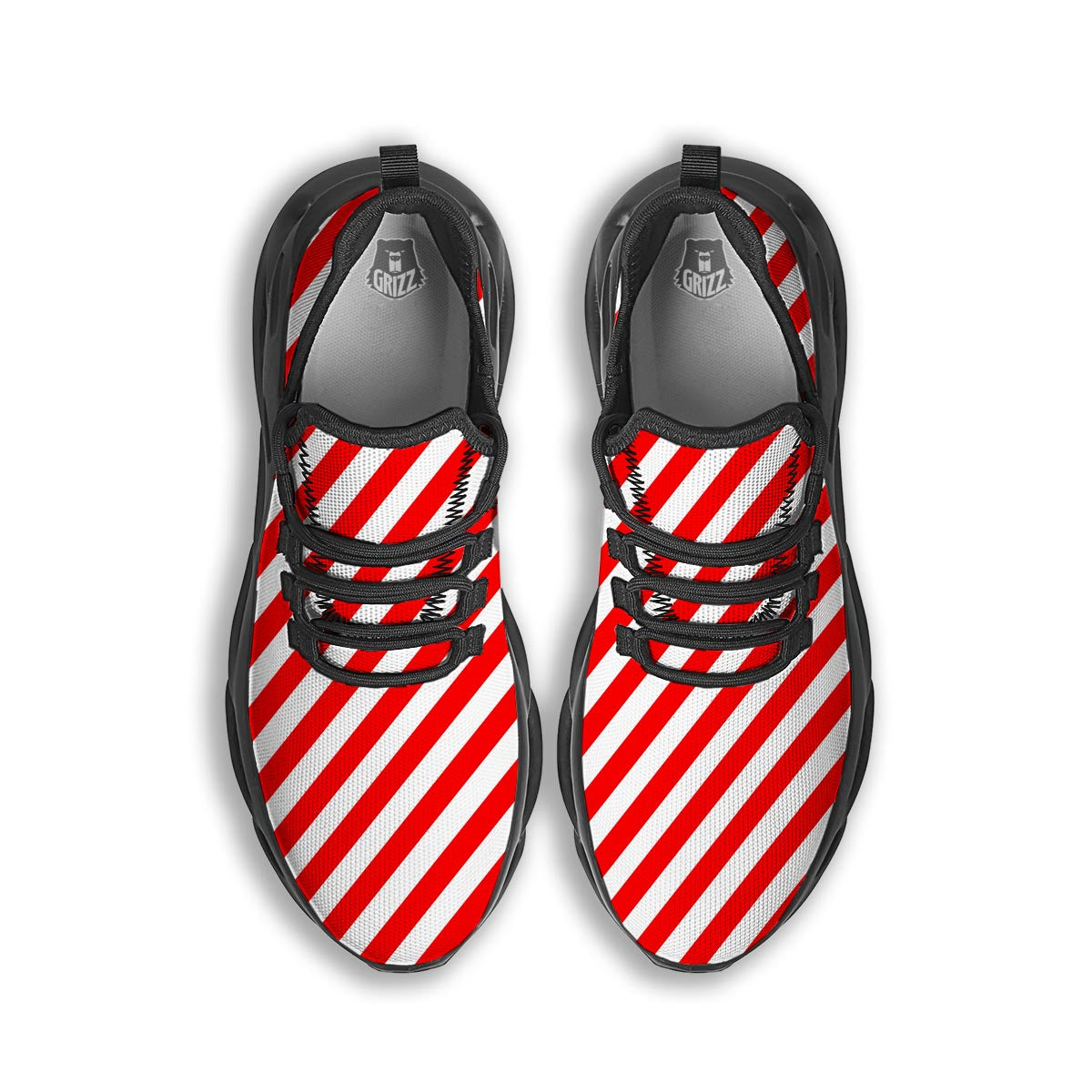 Candy Cane White And Red Print Pattern Black Running Shoes-grizzshop