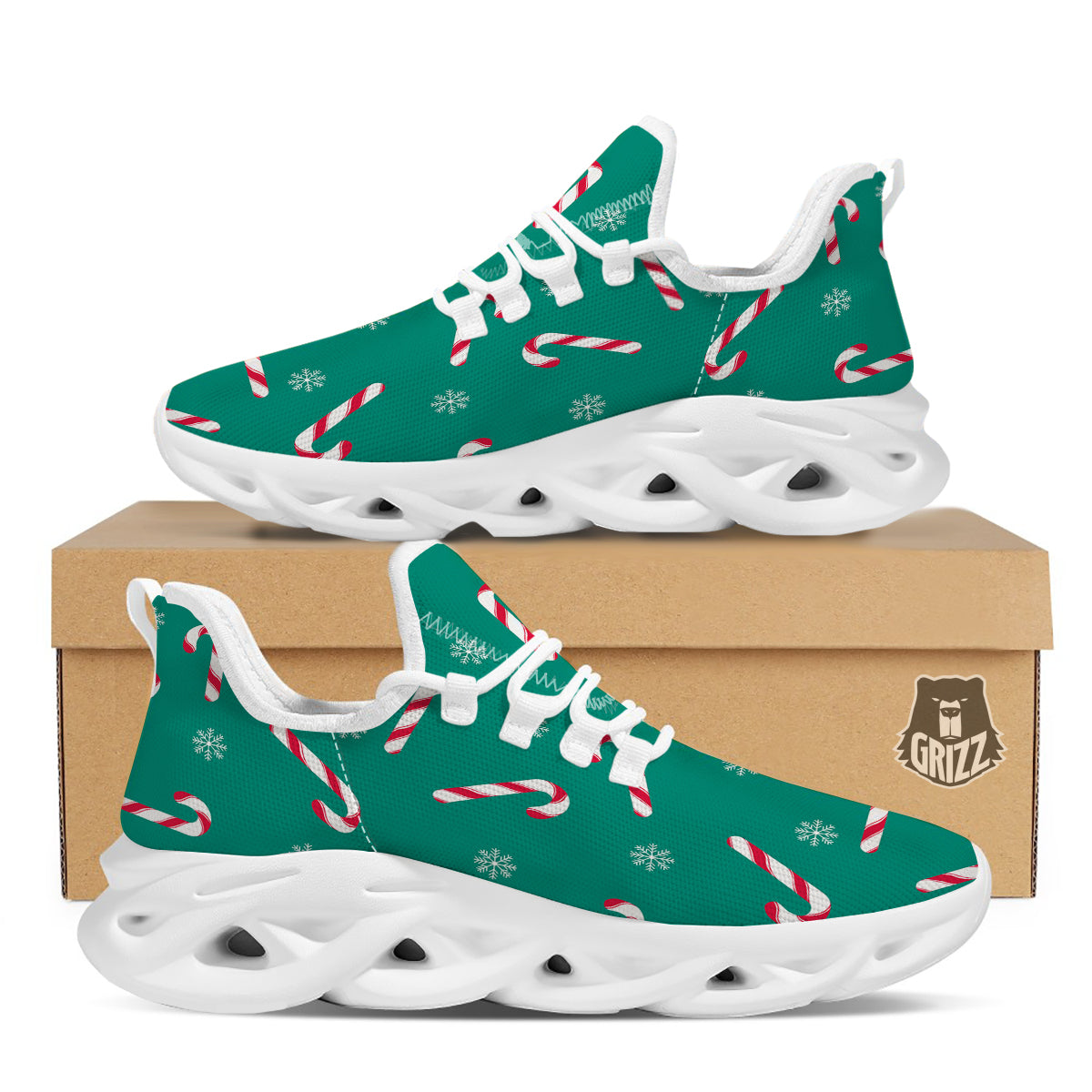 Candy Cane Xmas Print Pattern White Running Shoes-grizzshop