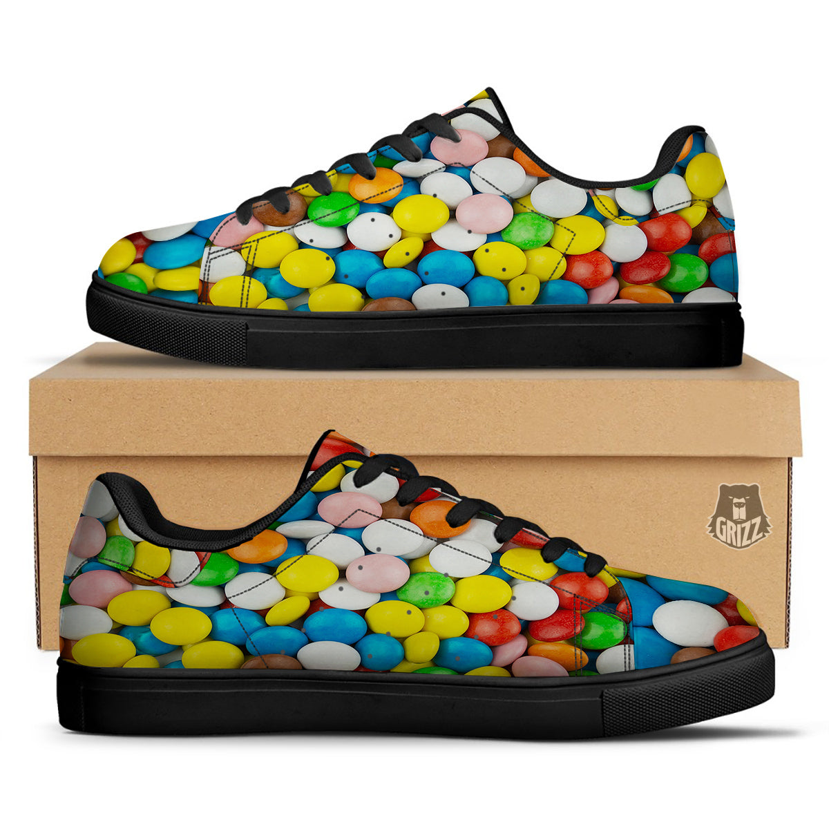 Candy Chocolate Colorful Print Black Low Top Sneakers-grizzshop