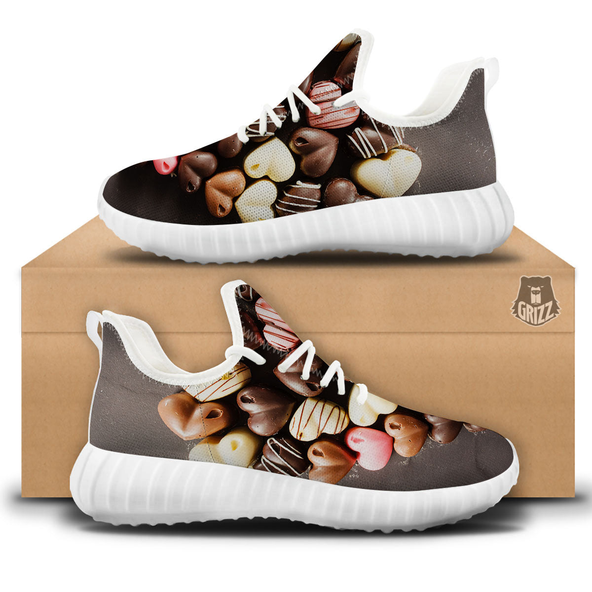 Candy Chocolate Heart Print White Walking Shoes-grizzshop
