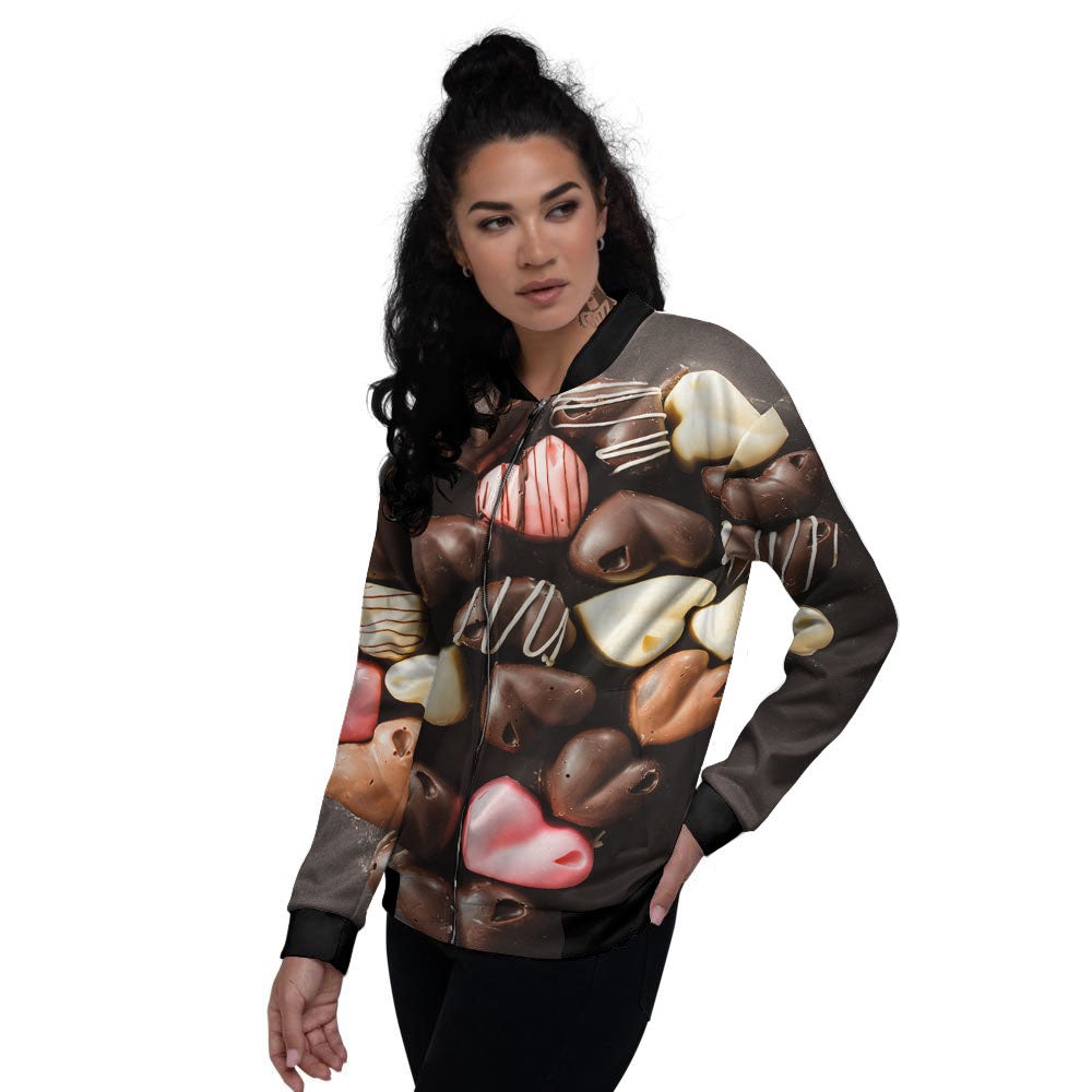 Candy Chocolate Heart Print Women's Bomber Jacket-grizzshop