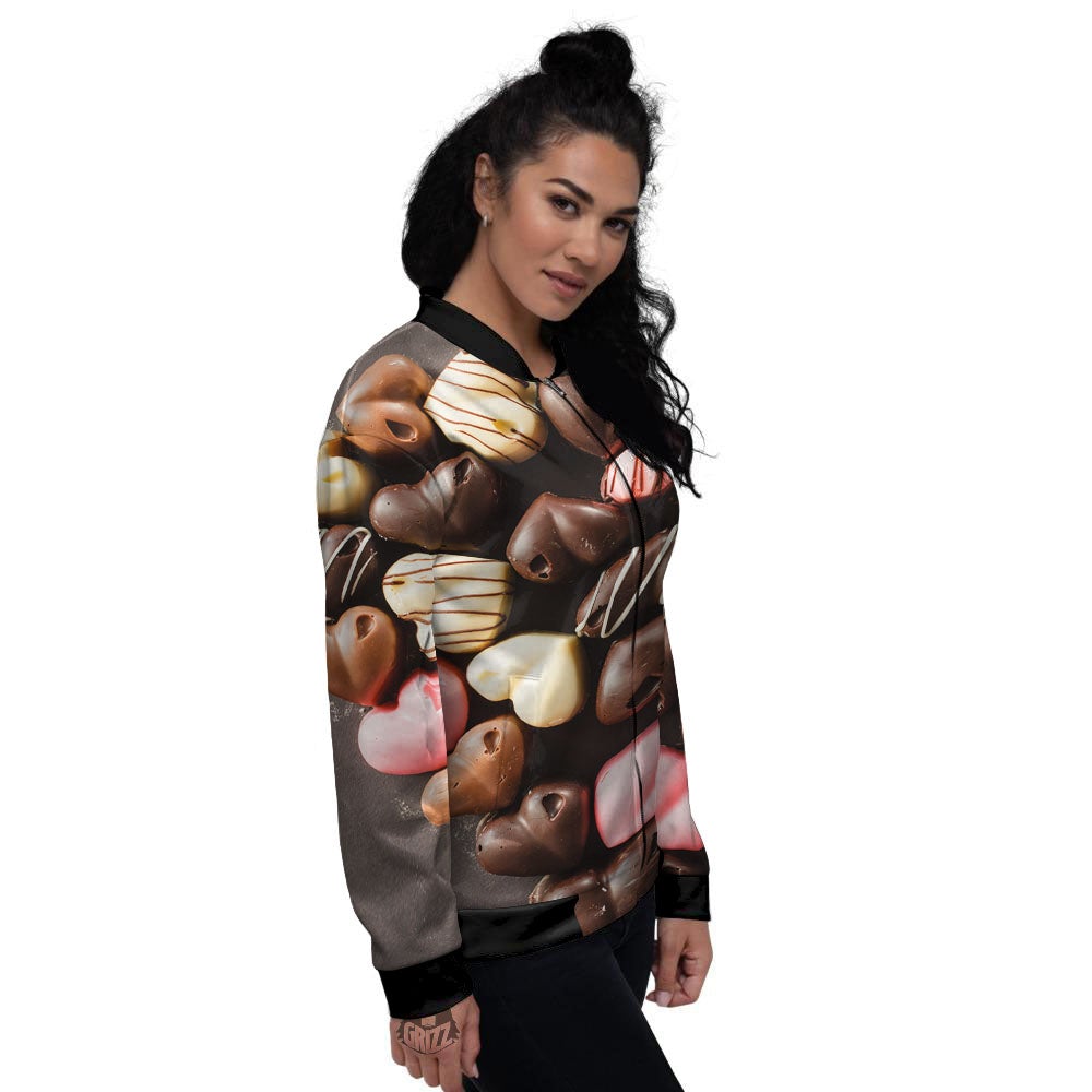 Candy Chocolate Heart Print Women's Bomber Jacket-grizzshop
