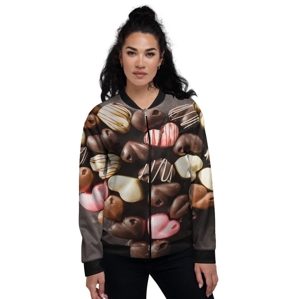 Candy Chocolate Heart Print Women's Bomber Jacket-grizzshop