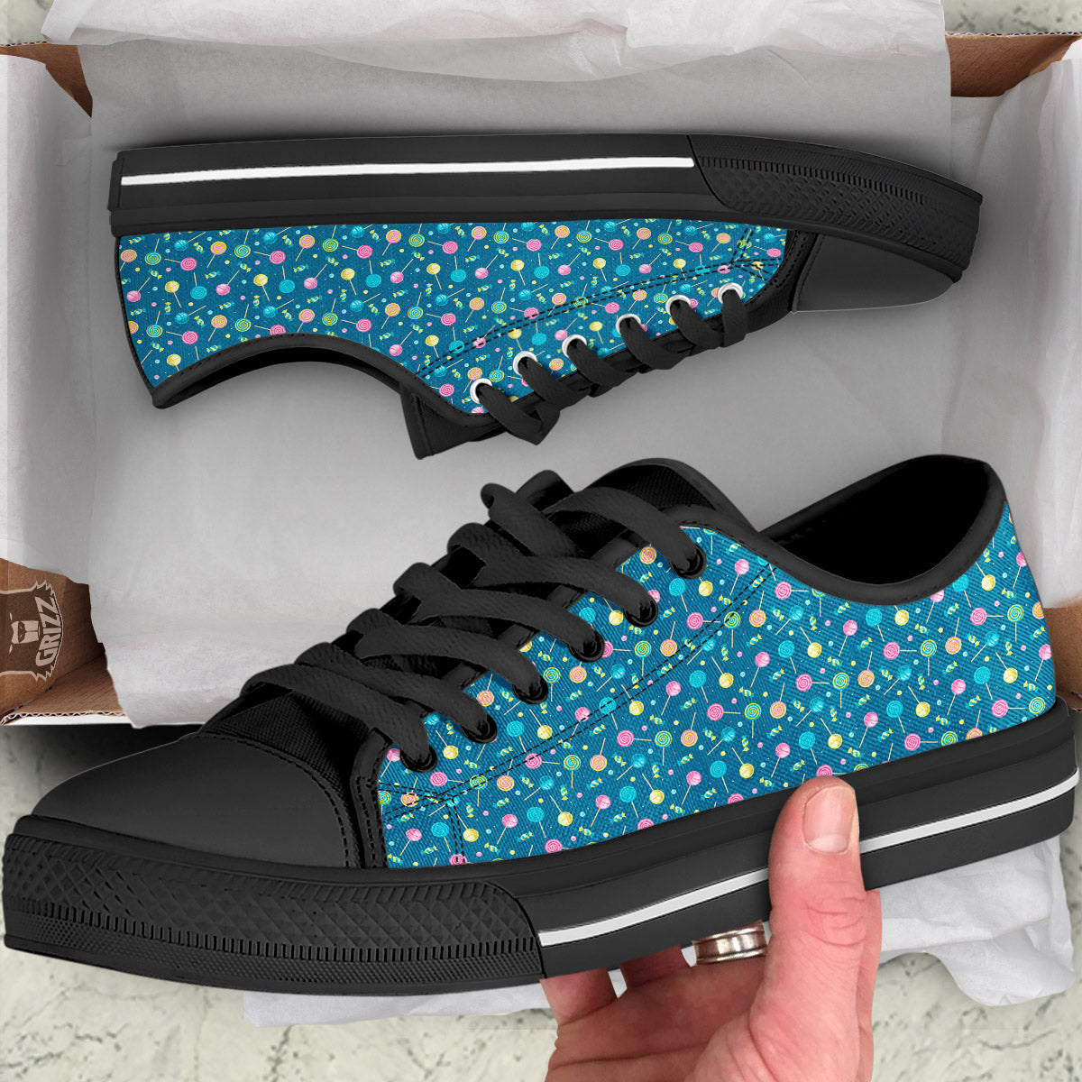 Candy Cute Print Pattern Black Low Top Shoes-grizzshop