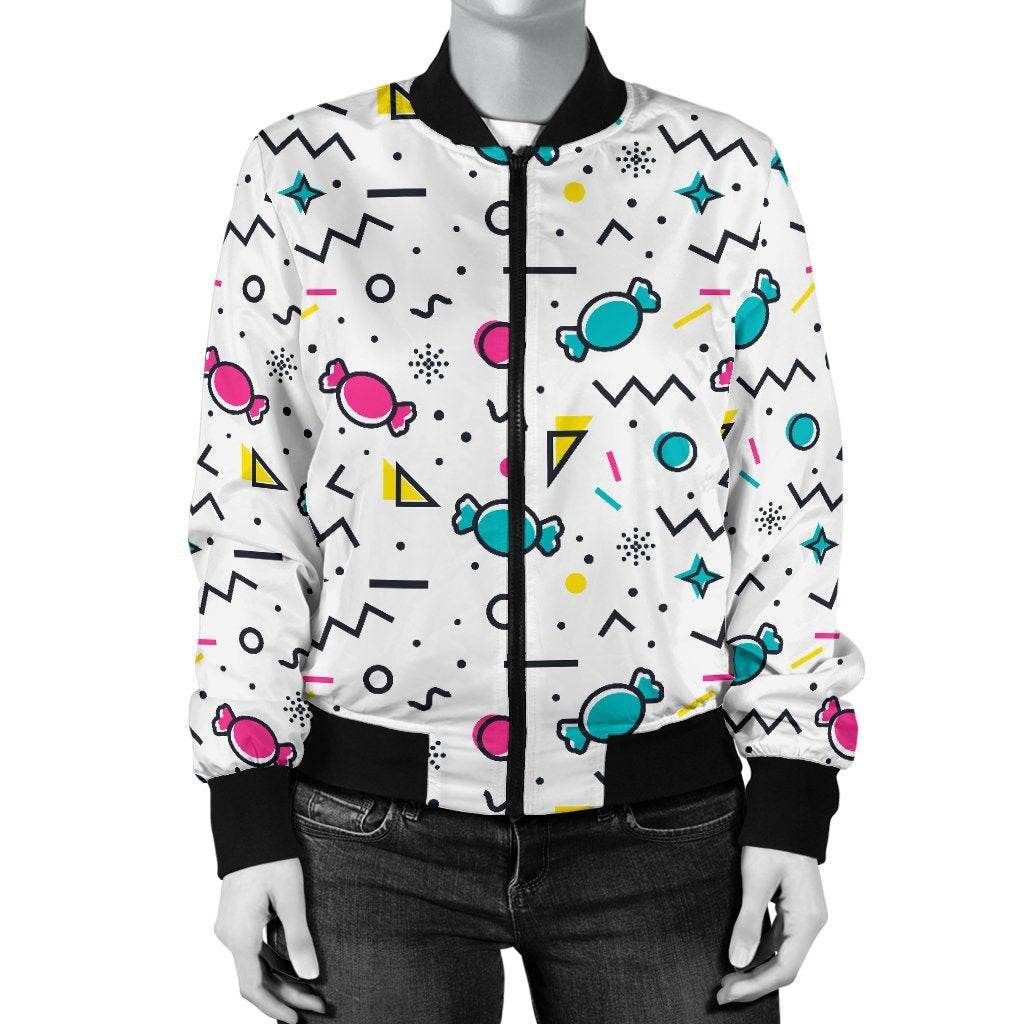 Candy Print Pattern Women Casual Bomber Jacket-grizzshop