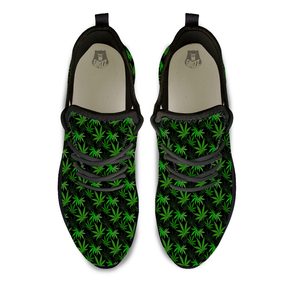 Cannabis Leaf Black And Green Print Black Athletic Shoes-grizzshop